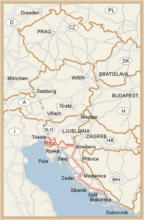 Trieste - Postojna - Rijeka - Bosiljevo - Split (Makarska)